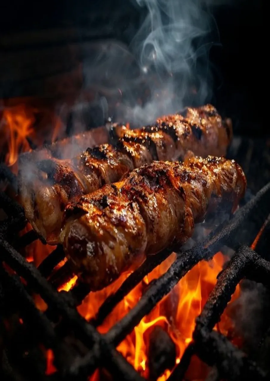 Cevapcici auf dem glühenden Holzkohlegrill, von Flammen und Funken umspielt